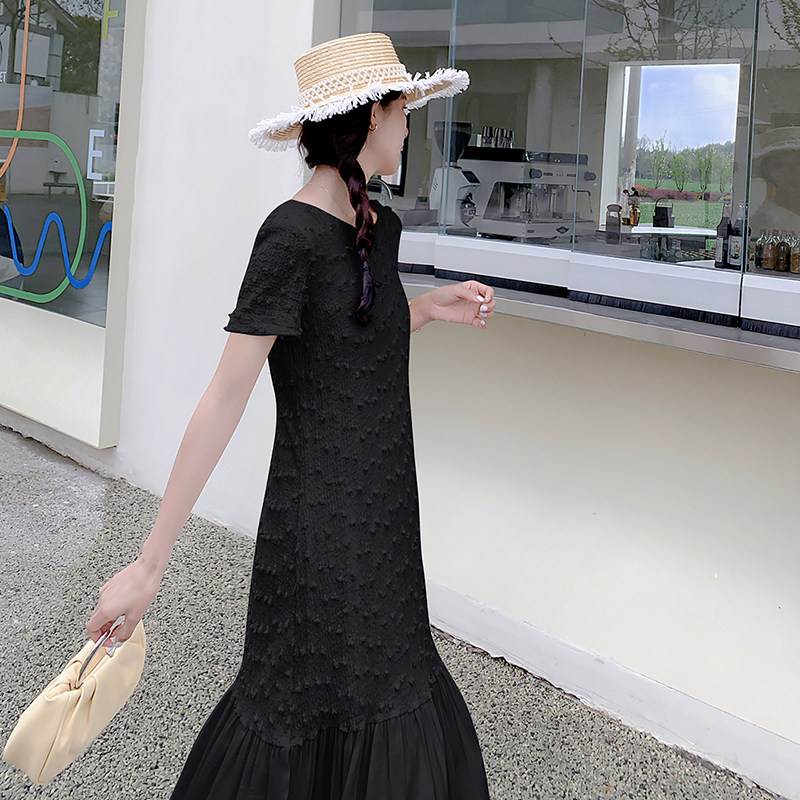 法式气质白色圆领连衣裙女夏2025新款高级感宽松直筒长款鱼尾裙子,女装连衣裙,浙宝088