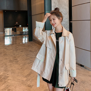 现货X977P145K198春装新款短款皮衣袖口条纹撞色外套女新加XS图片