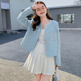 2025春秋新款法式高级感奶蓝色小香风外套女气质名媛洋气短款上衣，女装短外套，浙宝088