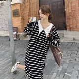 黑白拼色条纹设计感连衣裙女2023秋新款韩版学院风休闲宽松卫衣裙，女装连衣裙，浙宝088