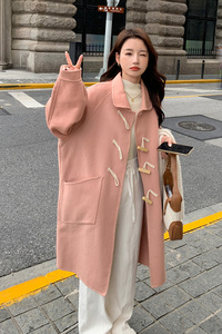 现货M220P275K418  2022牛角扣双面毛呢外套中长款大衣图片