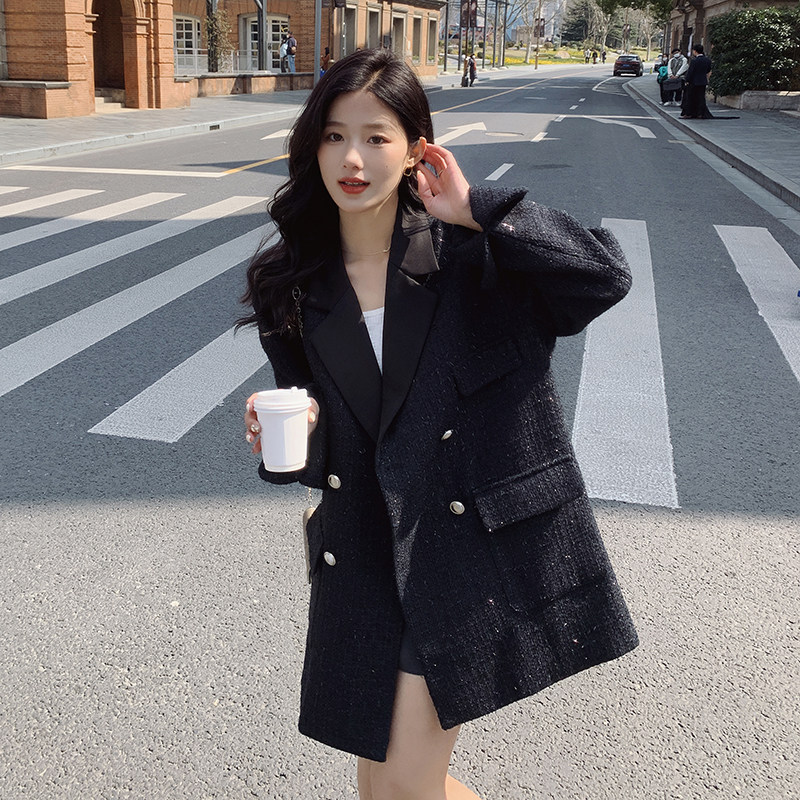 黑色小香风西装外套女2025春秋新款高级感大码双排扣气质休闲西服，女装西装，浙宝088