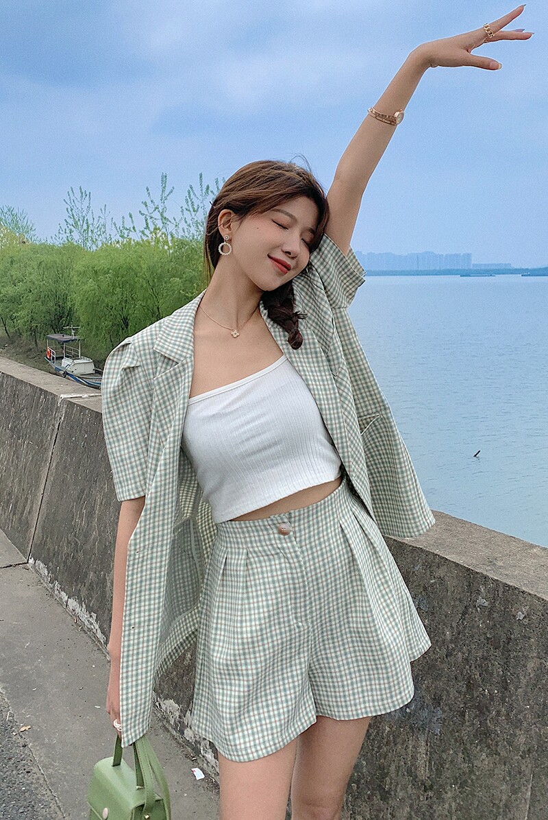 现货X1020P110K1682021夏装新款格子小西装短袖套装,女装套装/套裙,浙宝088