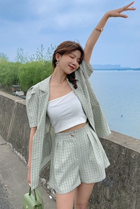 现货X1020P110K168   2021夏装新款格子小西装短袖套装图片