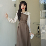 温柔荷叶领咖色长袖连衣裙女春秋2025新款春装气质收腰别致长裙冬，女装连衣裙，浙宝088
