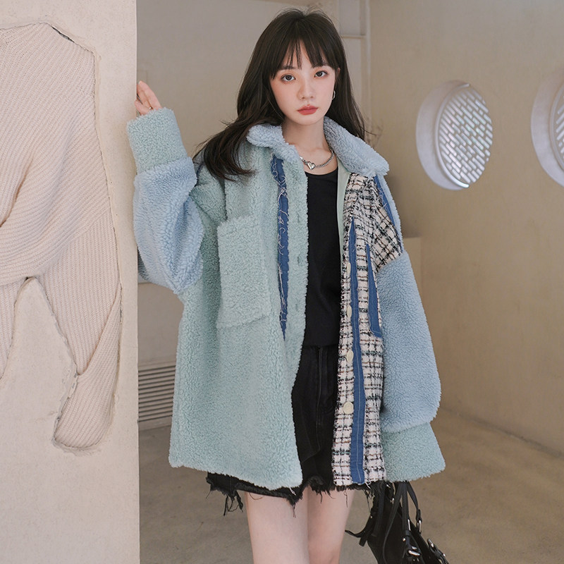 M022P180K2782022冬装新款小香风撞色拼接羊羔毛短外套,女装皮草,浙宝088