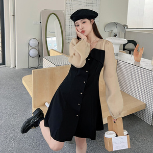 黑色拼接V领连衣裙女2023春夏新款茶歇法式韩版休闲气质高腰A字裙图片