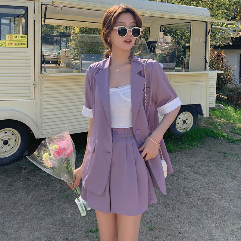 2023年夏季新款复古chic网红炸街薄款紫色西装短裤职业两件套装女图片