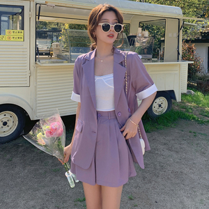 2023年夏季新款复古chic网红炸街薄款紫色西装短裤职业两件套装女图片