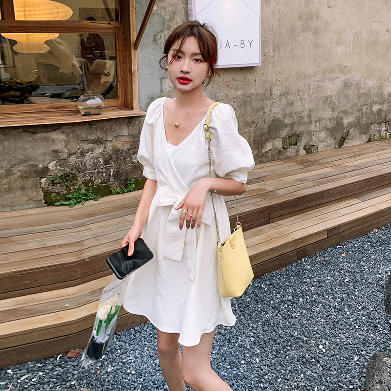 出货M536P105K1582024夏装V领定制面料短款收腰蝴蝶结连衣裙,女装连衣裙,浙宝088