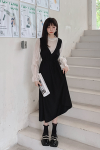 现货 M157P115K168 2024秋装新款假两件拼接撞色连衣裙图片