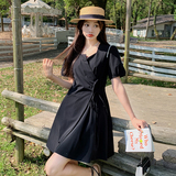 法式方领黑色连衣裙女夏2025新款裙子质感高级设计感赫本风小黑裙，女装连衣裙，浙宝088