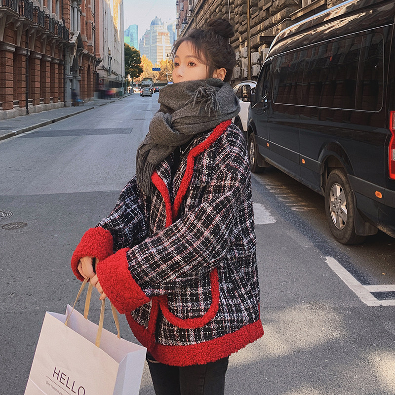 现货X915P170K2682022冬装新款格子撞色机车服羊羔毛外套,女装毛呢外套,浙宝088