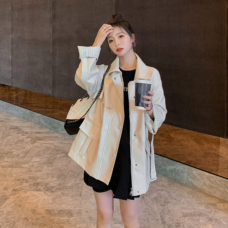 现货X977P145K198春装新款短款皮衣袖口条纹撞色外套女新加XS图片