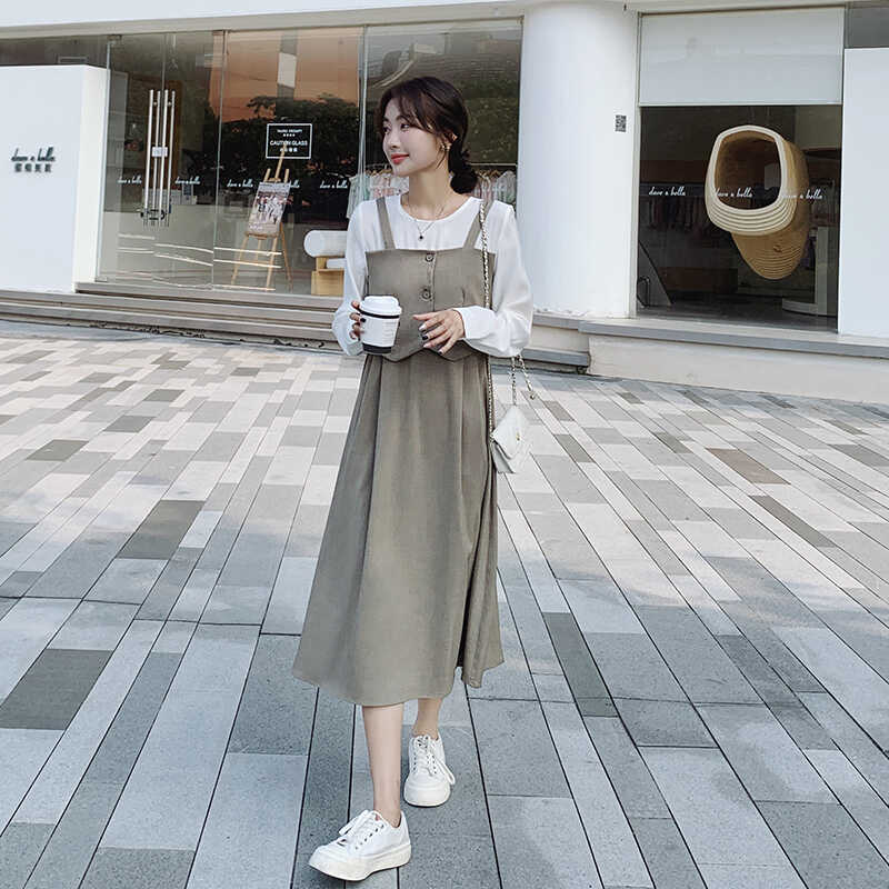 卡其色设计感假两件连衣裙女2023秋新款法式温柔风高级感气质裙子,女装连衣裙,浙宝088