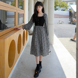 温柔风黑色长袖碎花连衣裙女春秋2025新款女装气质收腰别致长裙冬，女装连衣裙，浙宝088
