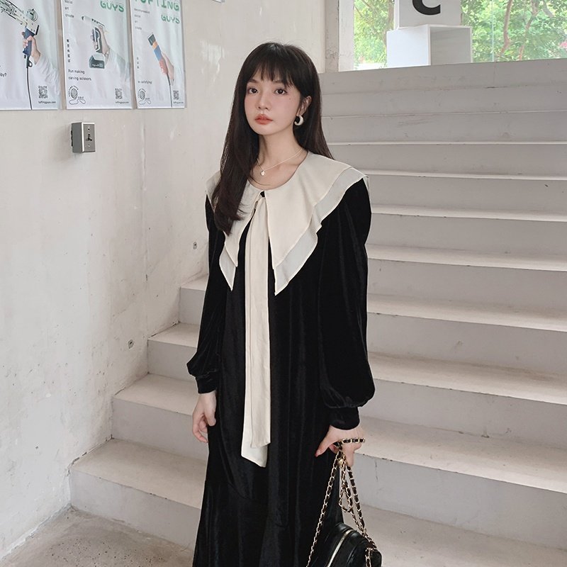 现货M158P115K1682024秋装新款撞色蝴蝶结秋冬宽松连衣裙,女装连衣裙,浙宝088