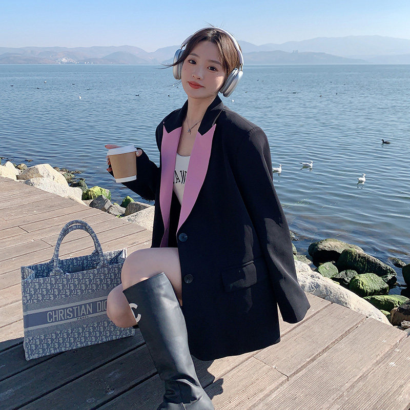 黑色西装外套女春秋2025新款高级感设计小众气质垫肩宽松撞色西服,女装西装,浙宝088