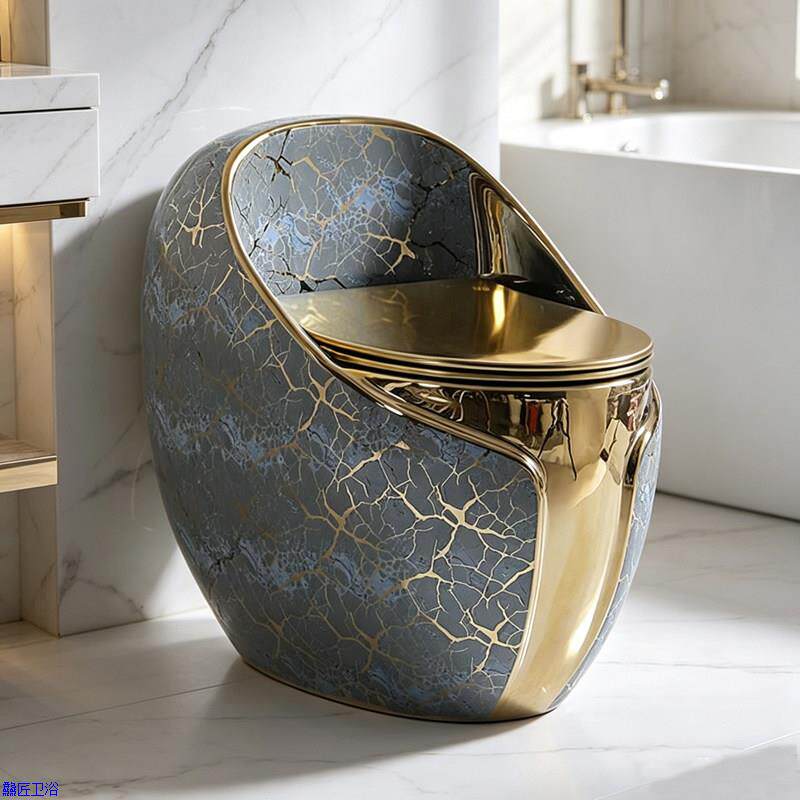 家用圆彩金坐便器金蛋型马桶一体型圆型虹吸不堵塞抽水陶瓷马桶