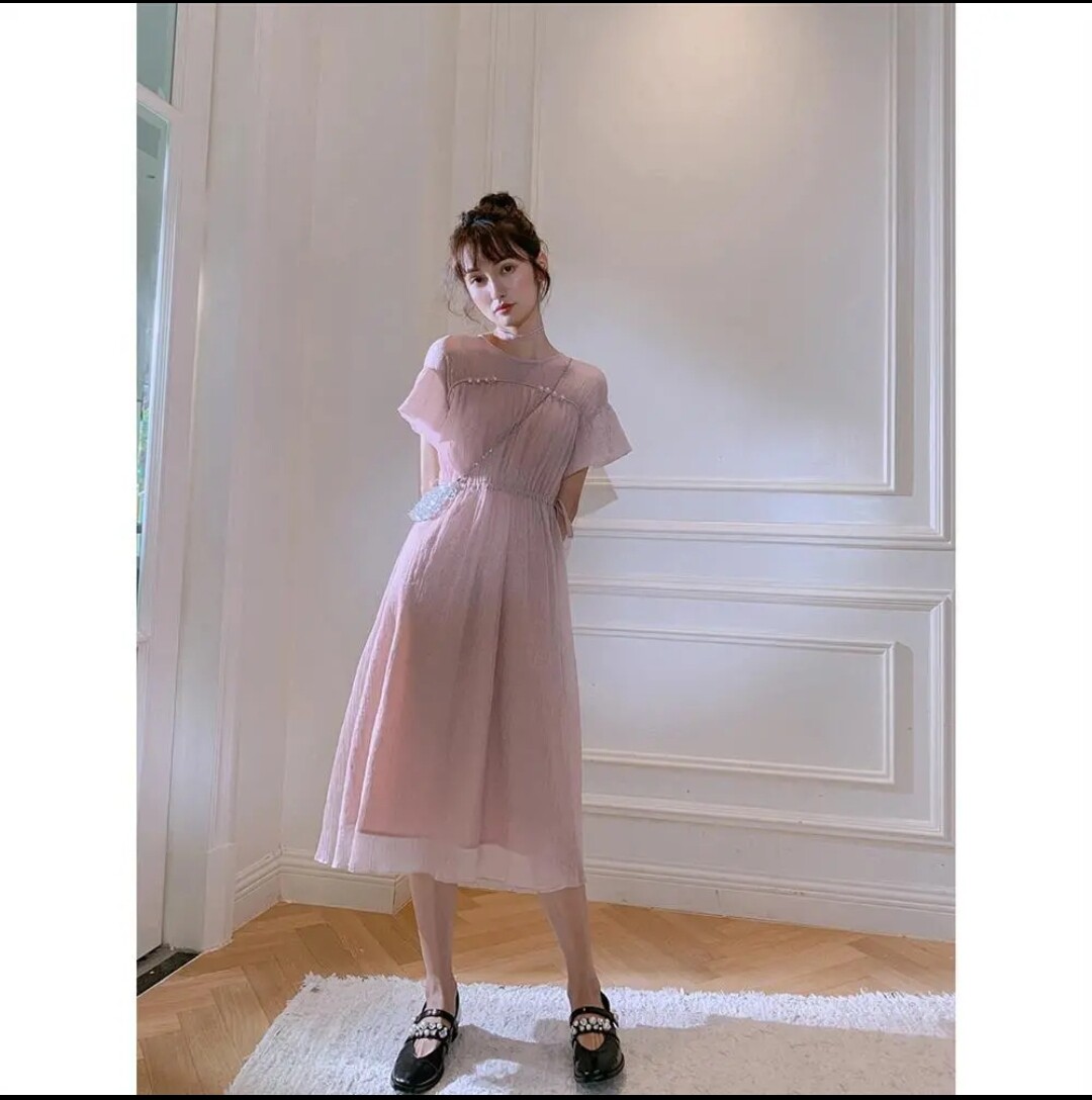 温柔仙女珍珠装饰短袖连衣裙中长裙嫩粉色软欧根纱