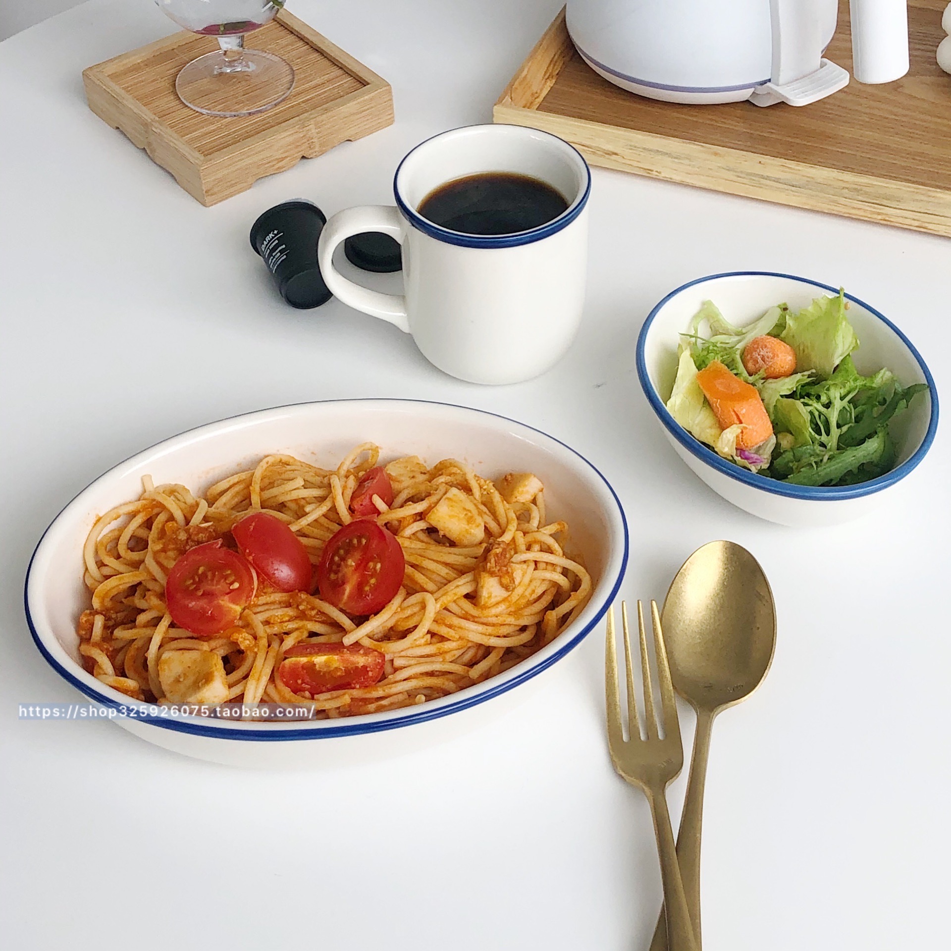 蓝色线条三件套马克杯陶瓷餐具