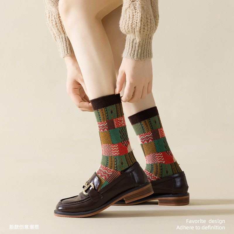 Missking1983女士双针双路复古民族风撞色秋冬中筒袜日系费尔岛,女士内衣/男士内衣/家居服,连裤袜/打底袜,淘宝优惠券,粉丝福利购,淘宝优惠卷