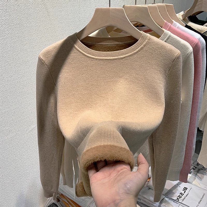 打底衫女秋冬低领一体绒毛衣冬季新款保暖上衣加厚加绒圆领针织衫