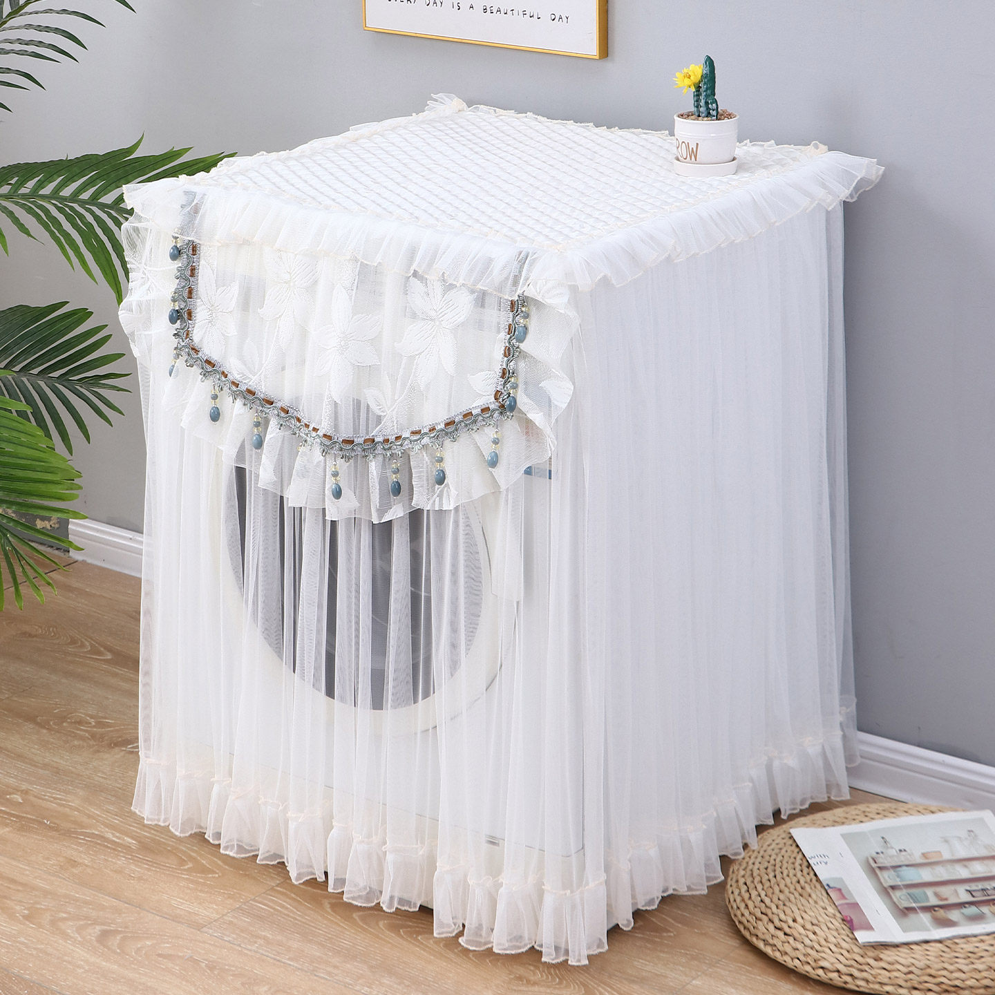 简约现代洗衣机防晒盖巾帘通用滚筒洗衣机防尘罩套蕾丝遮挡盖布