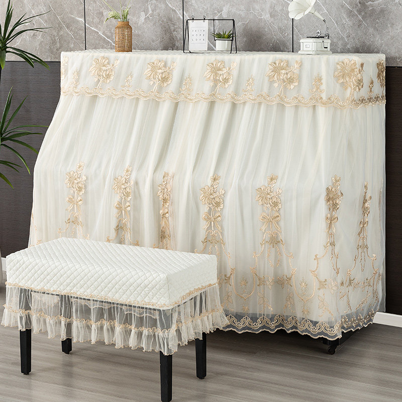 简约蕾丝钢琴罩高档欧式加厚钢琴全罩布艺中开钢琴套防滑防尘凳罩