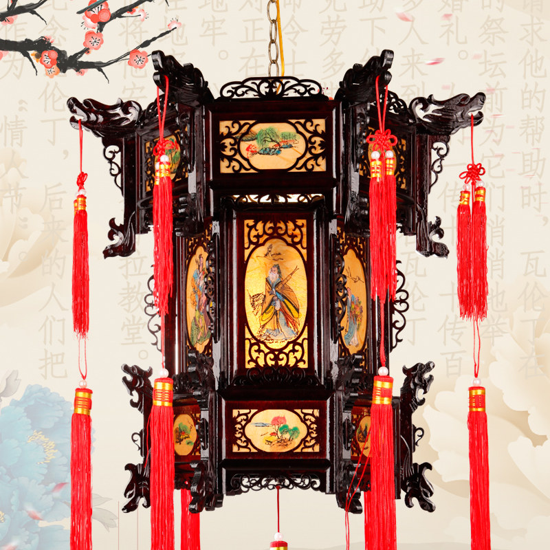 中式实木宫灯仿羊皮灯笼阳台户外防水吊灯别墅大门乔迁结婚红灯笼