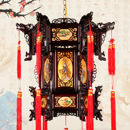 中式实木宫灯仿羊皮灯笼阳台户外防水吊灯别墅大门乔迁结婚红灯笼