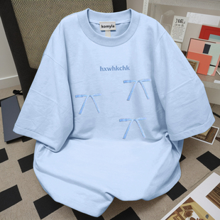 韩系蝴蝶结印花天蓝色短袖t恤女夏季甜美穿搭宽松百搭纯棉bf上衣