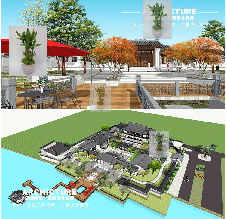 中式滨水民宿山地度假村山庄酒店凉亭栈道仿古建筑建筑规划SU模型