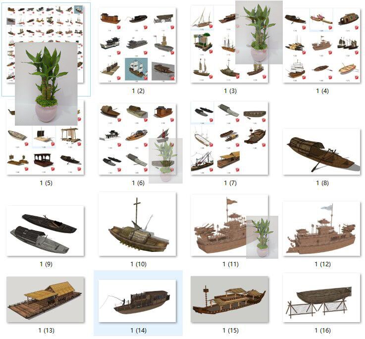 skp素材新中式木船古代船战船乌篷船画舫船渔船舫木筏竹筏su模型