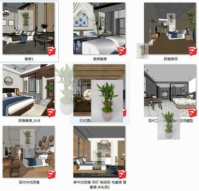 美丽乡村新中式日式禅意民宿客栈房间套房客房标间SU模型sketchup