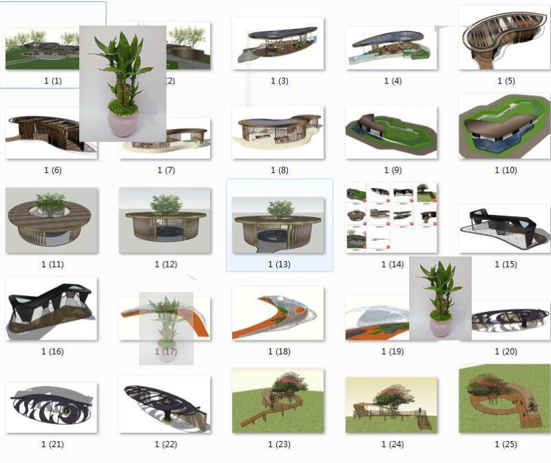 skp素材异形廊架构筑物公园小区庭院休息雨棚花架座椅景观su模型
