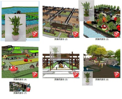 乡村农庄农家乐农场菜园农耕稻草人茅草亭观景台木屋廊架su模型