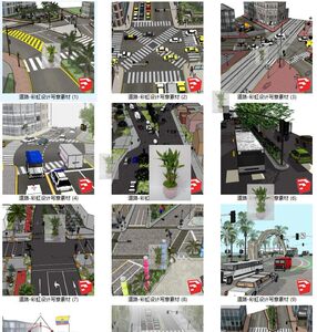 su城市道路街道交叉口SU模型十字路口马路交通标示牌sketchup素材