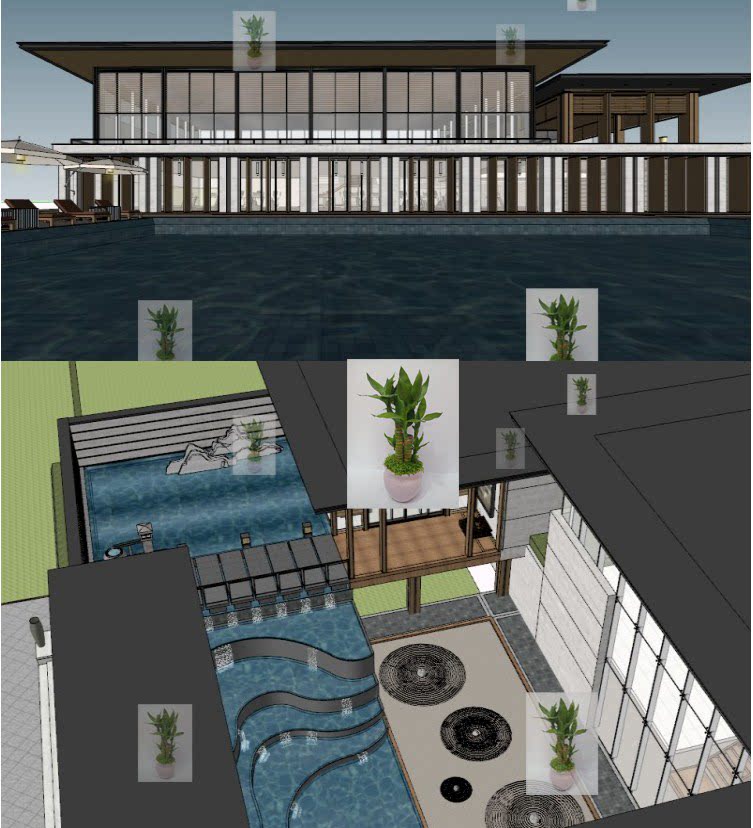 现代新亚洲风中式售楼处会所su展厅示范区建筑景观草图大师su模型