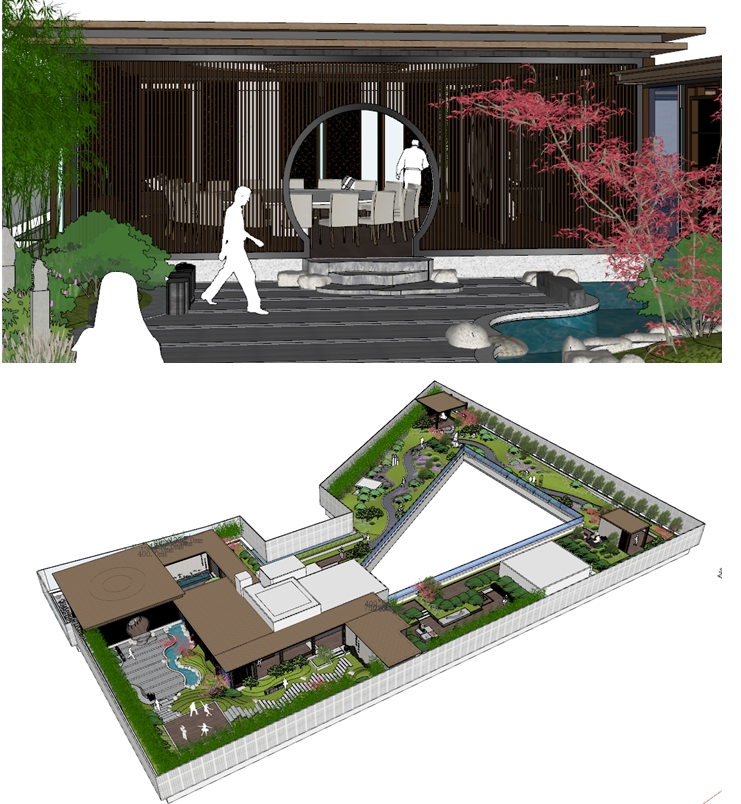 su草图大师新中式禅意别墅会所空中花园屋顶花园庭院景观su模型