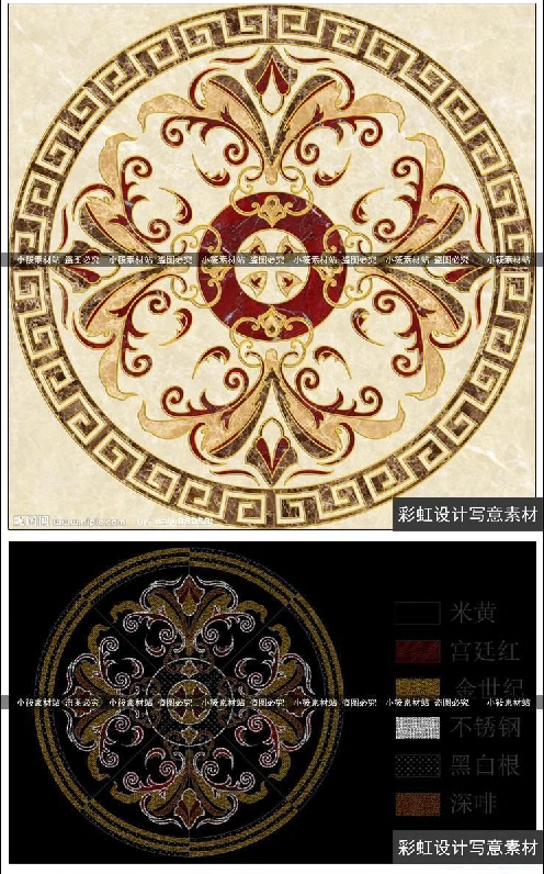 石材拼花大理石水刀拼花3d贴图地面拼花 欧式 含cad施工图纸