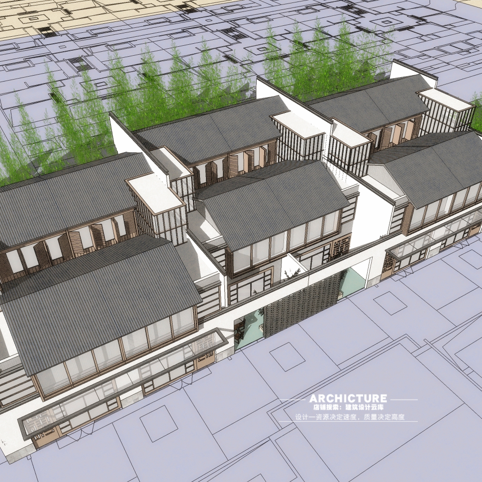 现代简约新中式坡屋顶联排别墅住宅两层局部三层户型设计/su模型
