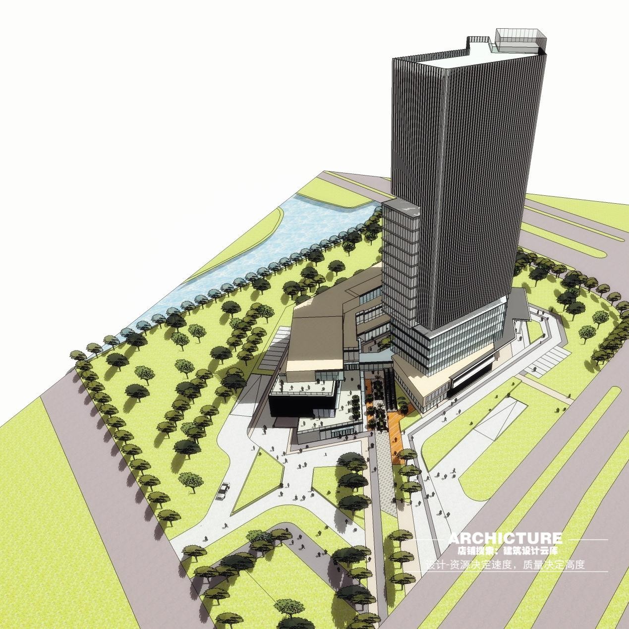 su素材现代超高层商业综合体裙楼商业购街公寓住办公建筑su模型