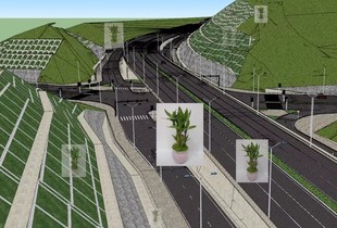 道路高速公路交叉口高架桥下景观绿化挡土墙路灯草图大师su模型