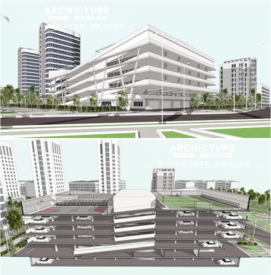 su素材多层横向线条坡道停车场停车楼屋顶花园运动场地建筑su模型