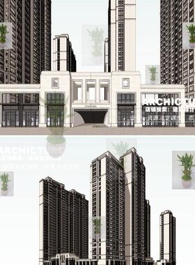 美式大都会新古典轻奢风豪宅高层住宅小区入口大门草图大师SU模型