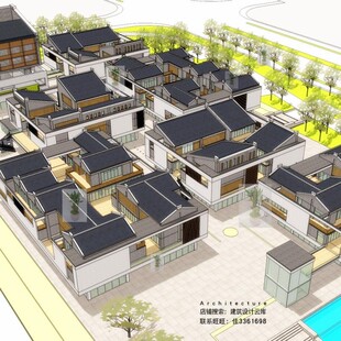 su素材美丽乡村新中式亲水滨水茶室商业街度假村特色小镇SU模型