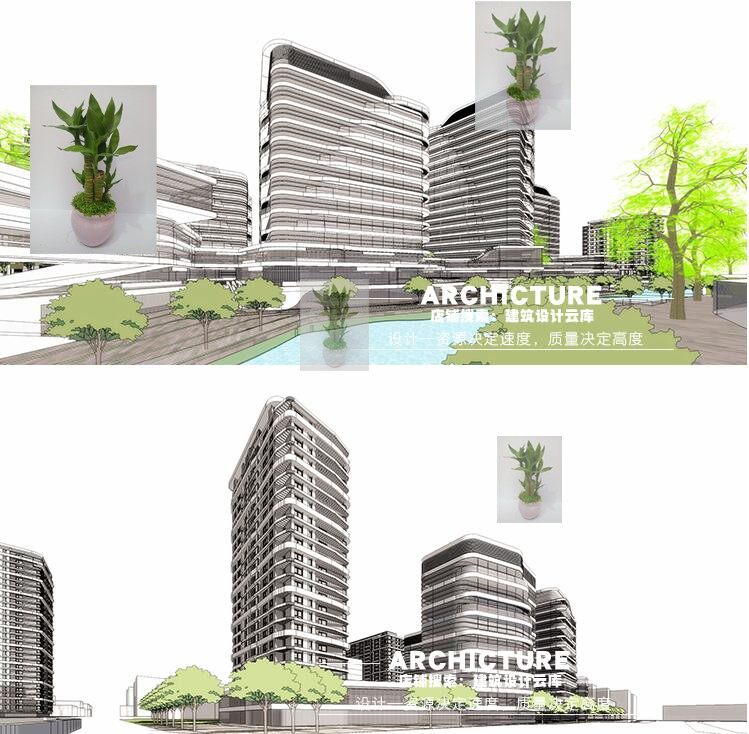 滨水高层横向线条立面表皮办公楼写字楼公寓商业综合体建筑su模型