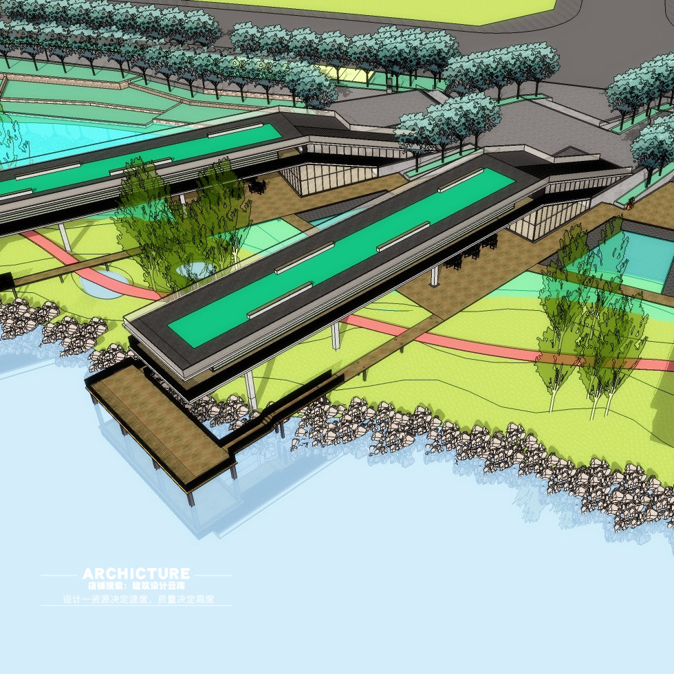 现代公园亲水临湖观景木平台/临水小筑/线性架空景观设计/su模型