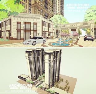 su素材新古典高层住宅区主入口大门水景石材沿街底商商铺su模型